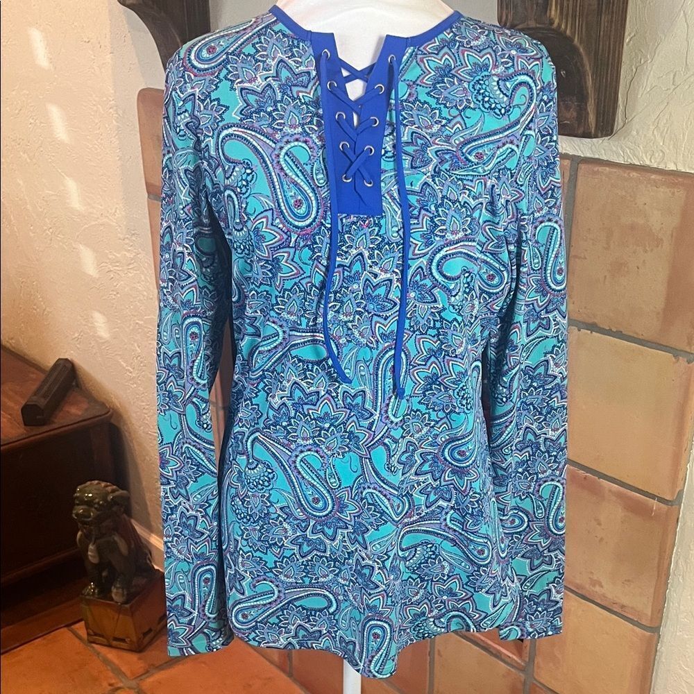 CoolibarโBlue/Turquoise/Pink Paisley UPF 50+ Sun Protection Top, size M